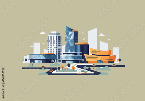 Vector Ilustration Flat Design Idea Modern Cityscape with Sleek Architecture and Green Spaces.