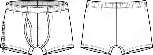 Cad drawing flat vector illustration of men's classic trunks underwear technical sketch featuring elastic waistband functional fly and front back view