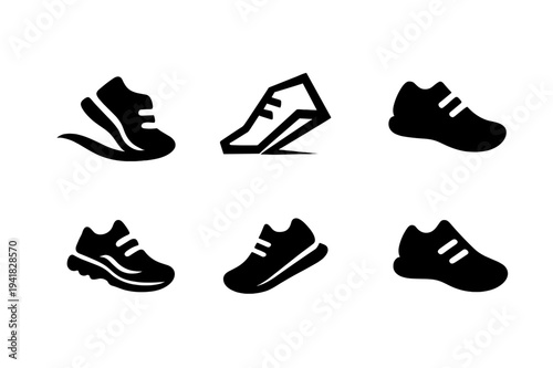 Fitness Logo Variations. Fitness and workout trends (HIIT, yoga). Icon set. Set Logo of Fitness and workout trends (HIIT, yoga): running shoe. harmonious logo