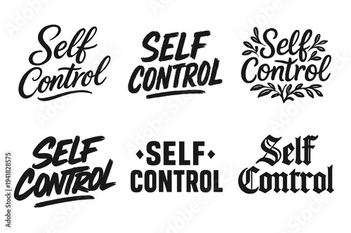 Diverse Lettering Styles. Self-control. Set lettering. harmonious lettering variations of the same emblematic concept, each with different artistic