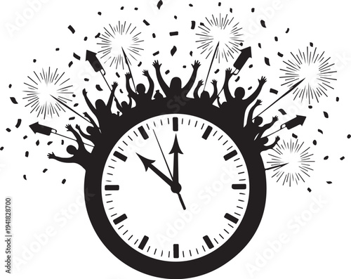 Midnight Celebration with Fireworks and Happy People Silhouette