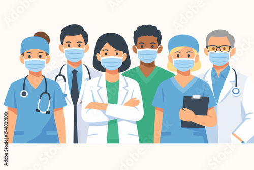 Diverse Group of Doctors and Nurses Wearing Protective Face Masks and Scrubs, Flat Vector Illustration of Healthcare Professionals Team Standing Together, Frontline Medical Hospital Staff Workers.