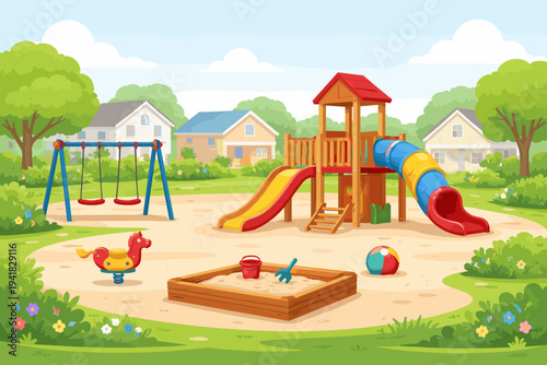 Vector Illustration of a Colorful Kids Playground in a Suburban Neighborhood Featuring Slides, Swings, a Sandbox with Toys, a Spring Horse Rider, and a Wooden Play Structure on a Sunny Day