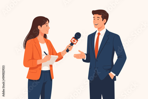 Flat vector illustration of a professional female reporter in an orange blazer holding a microphone and notepad while interviewing a smiling businessman in a blue suit and red tie on white.