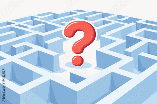 Vector Illustration of a Large Red Question Mark Lost in the Center of a Complex Blue 3D Labyrinth Maze, Symbolizing Confusion, Seeking Answers, Problem Solving, and Strategic Decision Making