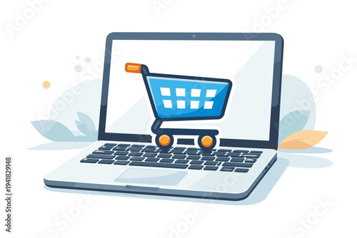 Modern flat vector illustration of a blue shopping cart icon on a laptop keyboard, symbolizing e-commerce, online retail, digital shopping experience, internet commerce, and business technology.