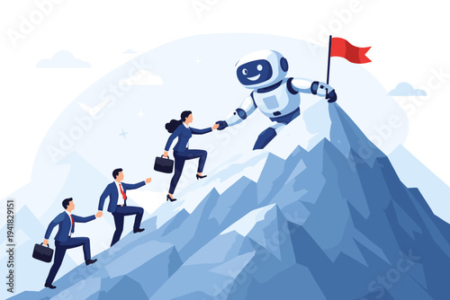 AI Robot Helping Business People Team Climb to the Peak of a Mountain with a Red Flag. Concept of Artificial Intelligence Assistance, Leadership, Success, and Future Technology in Business World.
