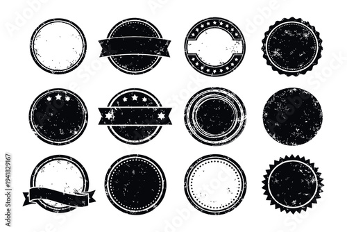 Round grunge frame collection with ink texture. Circular stamp borders in black style. Vintage distressed set
