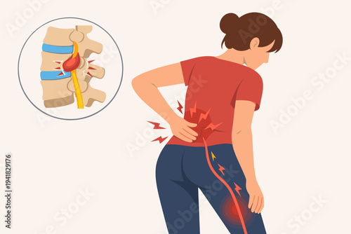 Vector Illustration of a Woman Suffering from Severe Lower Back Pain and Sciatica Caused by a Herniated Disc, Showing Nerve Compression and Radiating Pain Down the Leg in a Flat Design Style