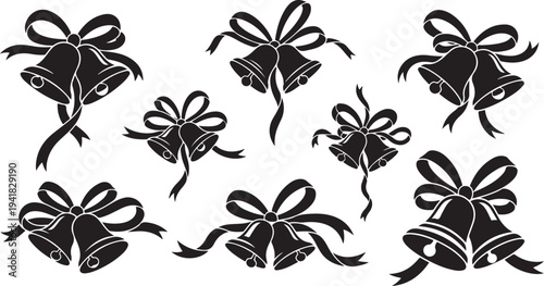 Black and white illustration of bells with ribbons tied