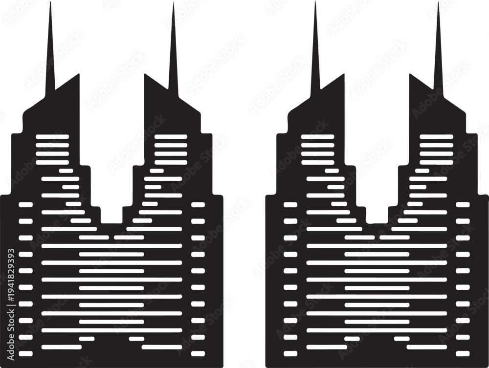 Obraz premium Various architectural buildings and structures icon set Modern Skyscraper City Building Icon collection representing urban life, commerce, government, and public services in a modern silhouette 