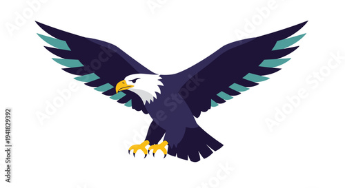 A majestic bald eagle soars with wings fully outstretched and extended