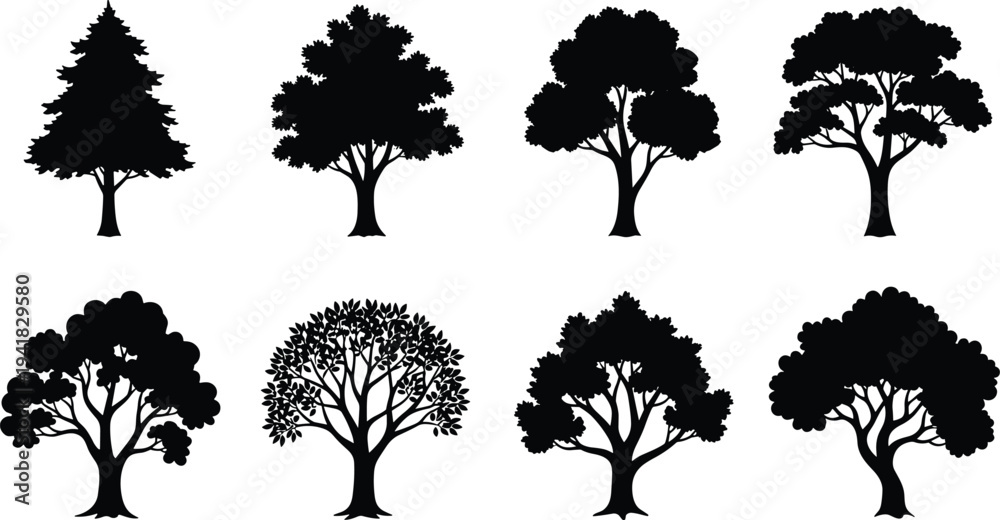 Fototapeta premium Set of deciduous and evergreen tree silhouettes isolated on white background featuring varied natural canopy shapes for design use