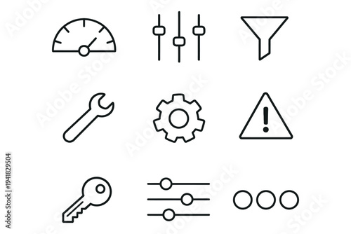 Set of digital button icons and toggles in flat design with a muted editorial palette. Includes power, volume, brightness, playback, and navigation symbols for modern UI and UX interface design