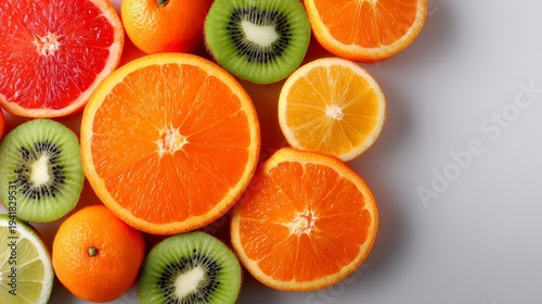 Assorted sliced citrus fruits and kiwi arranged on light gray background for editorial or advertising use, featuring orange halves, grapefruit halves, lemon wedges, lime wedges, and kiwi slices