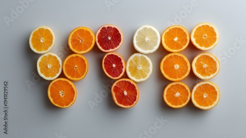 Top-down view of citrus halves arranged to spell FRUIT, ideal for food branding, advertising layouts, health campaigns on gray background