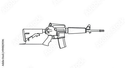 Continuous line drawing of a modern assault rifle in a minimalist style