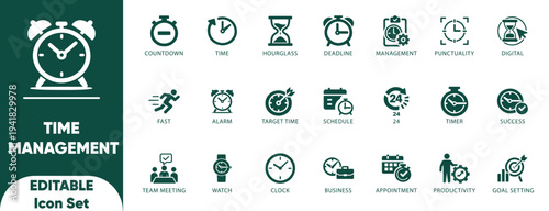 Time Management Icon Set. hours, reminder, planning, timeline, set, schedule, hourglass, deadline, illustration, and vector.