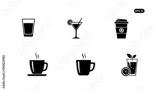 Minimal Drink Icons Set Beverage Glass Coffee Cocktail Vector