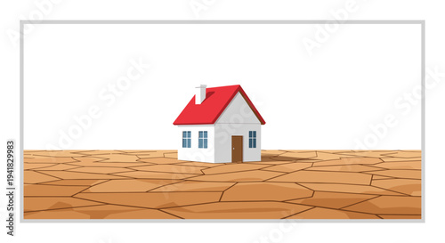 A solitary, cartoon-style white house with a prominent red roof is situated on a parched, cracked brown landscape under a clear sky.