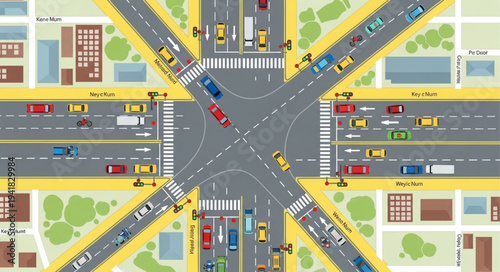 Aerial View of a Busy City Intersection with Traffic.