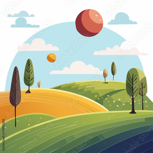 Red Planet Illustration with Rolling Hills and Trees.