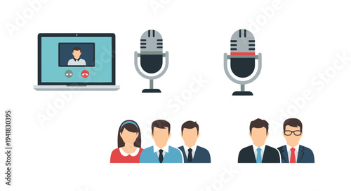 Online Meeting and Communication Icons: Laptop Microphones and People.