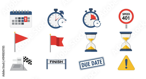 Time Management and Deadlines: Calendar Clocks Flags Hourglasses and Due Date Sign.