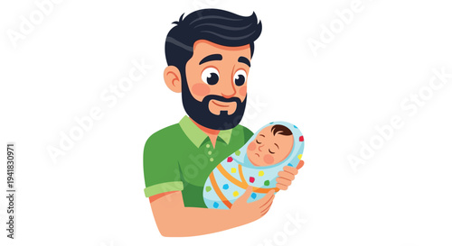 A loving father gently holds his sleeping newborn baby