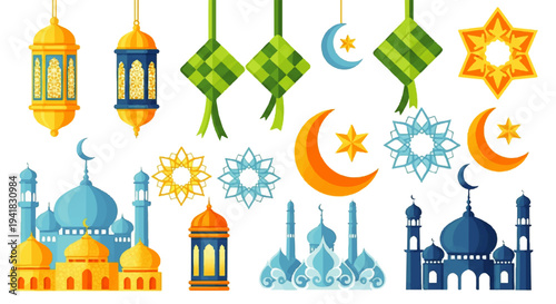 Islamic cultural icons and symbols featuring mosques, lanterns, and crescent moons for Ramadan and Eid celebrations