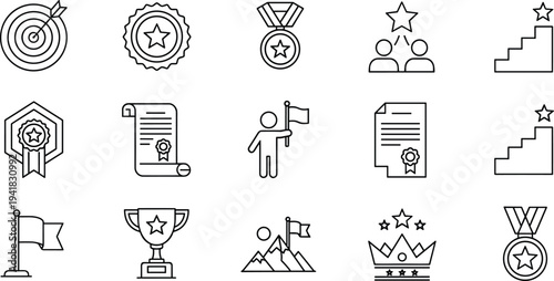 Achievement and award line icons set with trophy, medal, target and success symbols isolated on white background for victory, goal and business motivation concepts