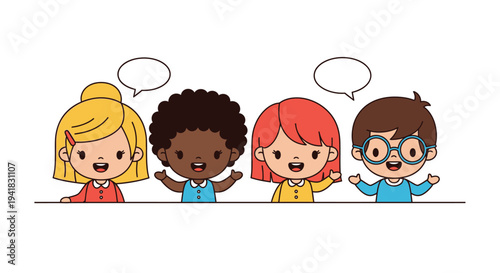 Diverse group of cartoon children with speech bubbles are communicating