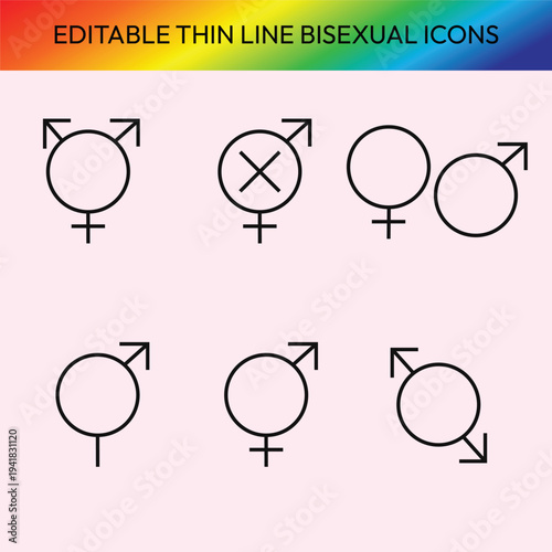 Editable Bisexual Thin Line Icons Vector Set, Minimal Bisexual Thin Line Icons Representing LGBTQ Identity, Equality and Diversity