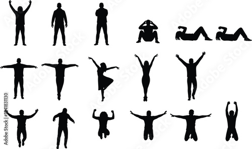 Bundle of fashion croquis, luxury car silhouettes, and people in various poses for architectural cad drawing flat vector illustration and garment design