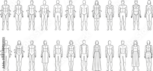 Technical fashion croquis set with male and female standing figures in various poses for garment design architectural cad drawing flat vector illustration