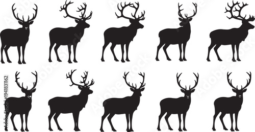 Set of deer silhouettes with antlers on white background