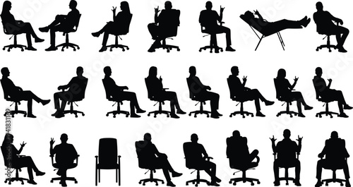 Silhouettes of diverse people sitting in office chairs and lounge seating cad drawing flat vector illustration for architectural diagrams and interior design projects