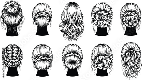 Set of elegant female wedding hairstyles with braids and buns black and white line art sketches for beauty salon fashion and bridal