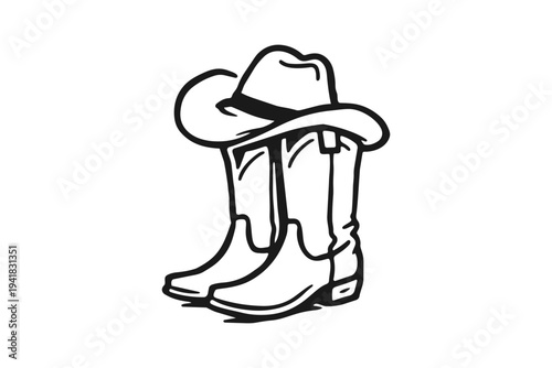 A line drawing of cowboy boots and a hat Bachelorette Clipart Design