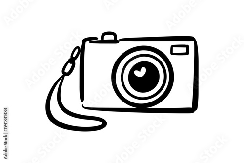 Black and white line art of a simple camera with strap Bachelorette Clipart Design