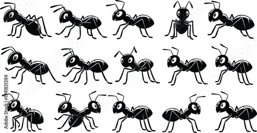 Cartoon vector illustration of multiple ants in different poses, stylized insect icons with exaggerated features, creative design for entomology, animation, pattern recognition projects