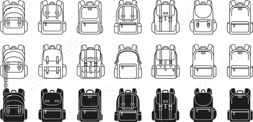 Backpack line icons set with school bag, travel rucksack and camping backpack symbols isolated on white background for education, hiking and lifestyle design concepts