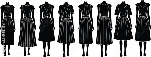 Collection of black women dress silhouettes, fashion flat sketch vector illustration set, technical CAD drawing for apparel design, elegant midi dress template.