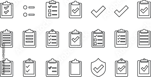 Checklist and clipboard verification line icons set with check marks, task lists and approval symbols isolated on white background for business and productivity concepts