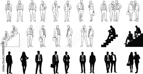 Collection of business people silhouettes and line art figures in professional suits, standing, sitting, and walking, cad drawing flat vector illustration, isolated.