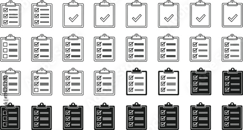 Checklist clipboard line icons set with task list, check marks and to do symbols isolated on white background for business, office and productivity concepts