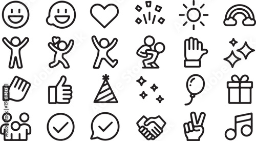 Set of black and white representing happiness, celebration, and positive actions