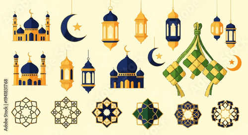 Islamic Symbols and Ramadan Decorations Collection - Mosques, Lanterns, Crescent Moon, and Geometric Patterns