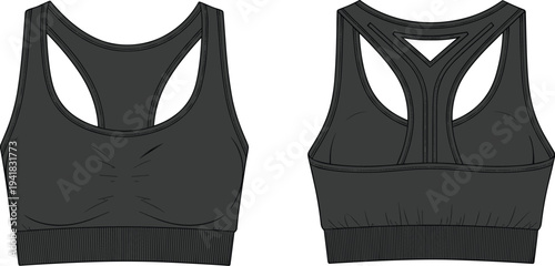 Black sports bra flat fashion sketch, technical CAD drawing vector illustration, racerback gym crop top mockup for activewear apparel design and manufacturing template.