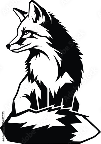 Stylized Fox Silhouette Sitting with Alert Eyes Tail Wrapped Around Body Wildlife Art